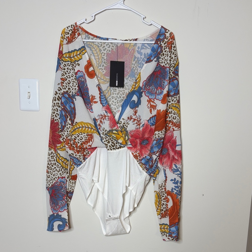 Fashion Nova Wrap-Front Long Sleeve Bodysuit